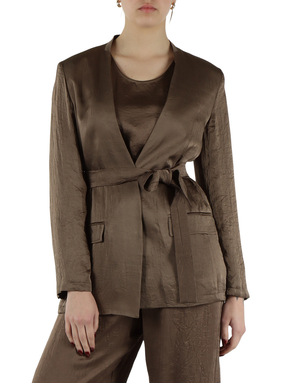 MARRONE | MONOCHROME: Giacca effetto crinckle con cintura PANDA