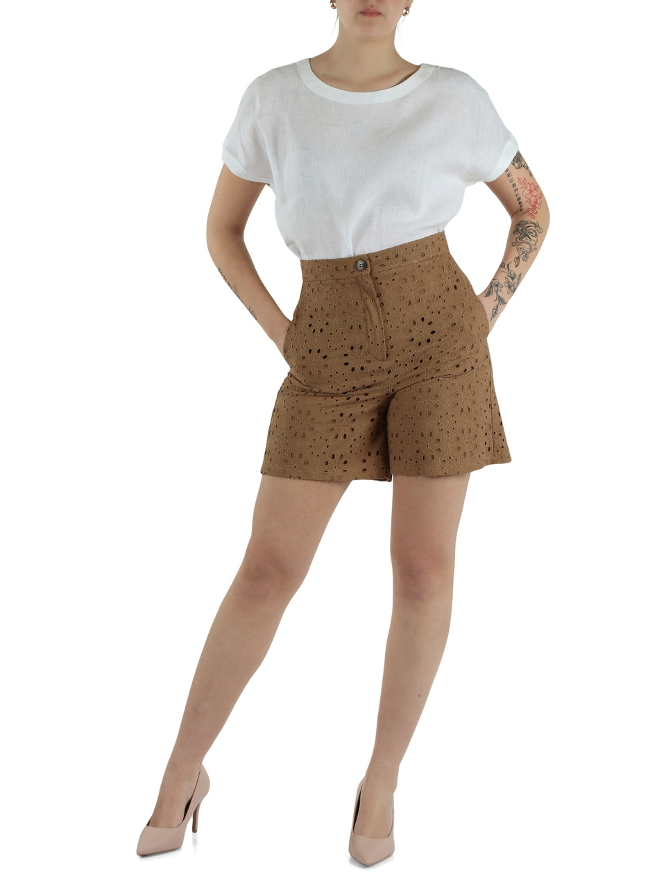 CAMMELLO | Bermuda in cotone STADIO con ricamo Sangallo