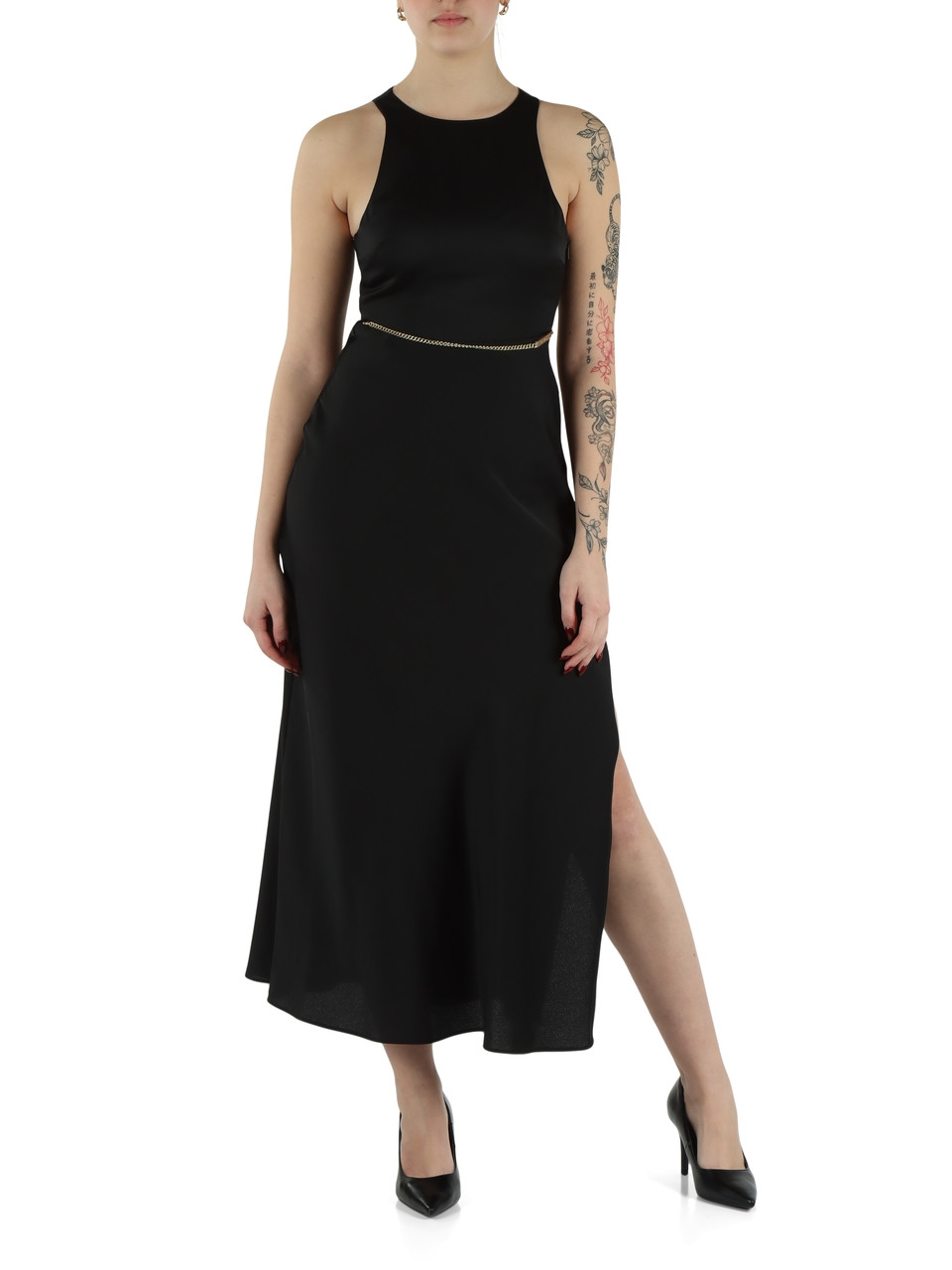 NERO | Abito midi in tessuto fluido con catena logo