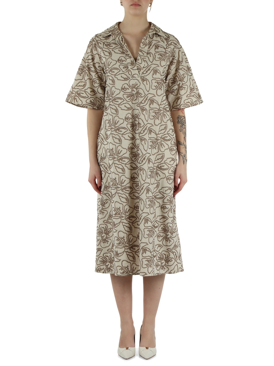 BEIGE | FOLK Midikleid aus bestickter Baumwolle und Leinen