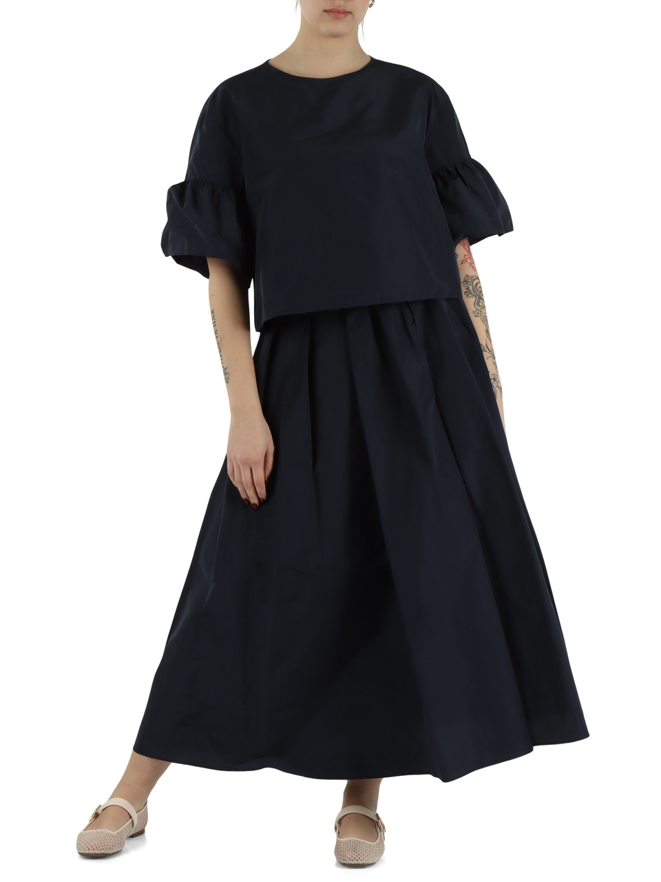 BLU SCURO | Gonna midi FORMICA in taffetà di misto cotone