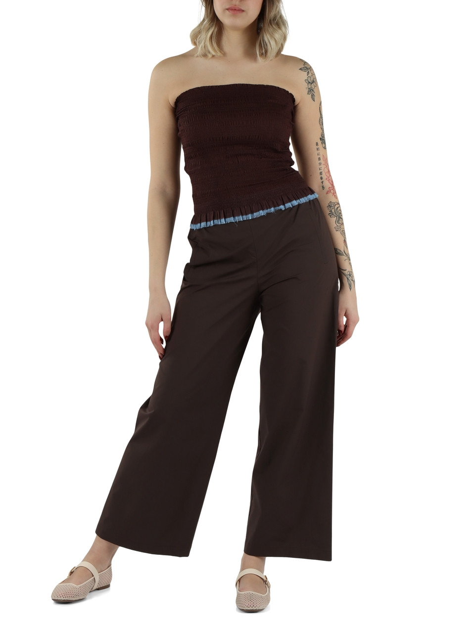 MARRONE | Top a fascia in cotone punto smock