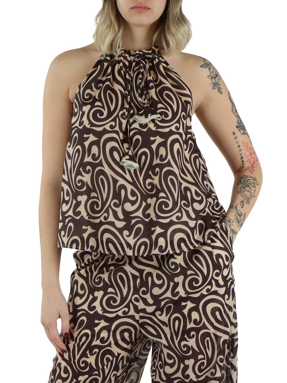 BEIGE | Bedrucktes Voile-Top aus Baumwolle