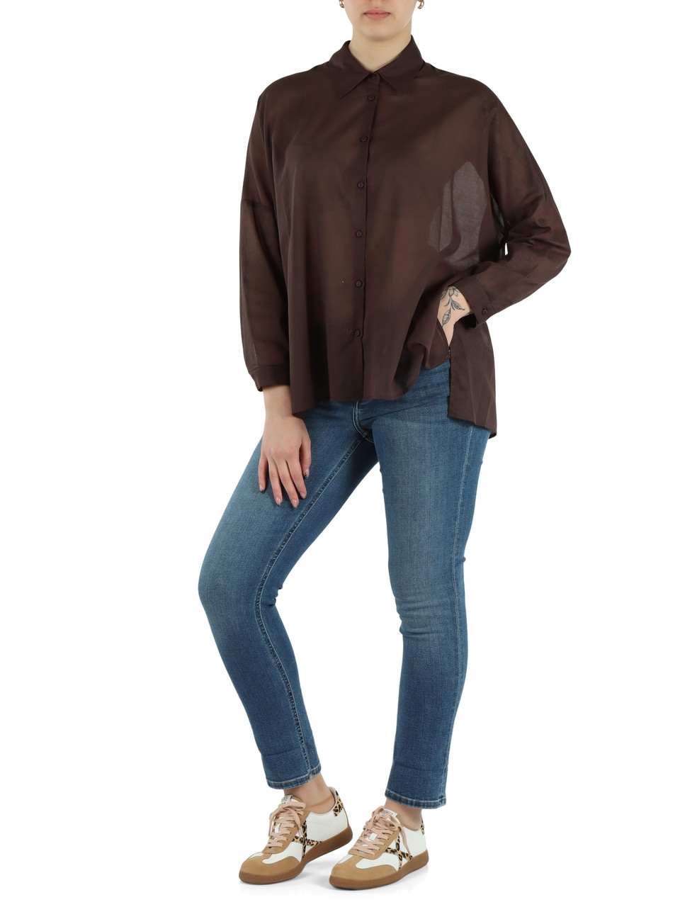 MARRONE | Camicia ampia in voile di cotone