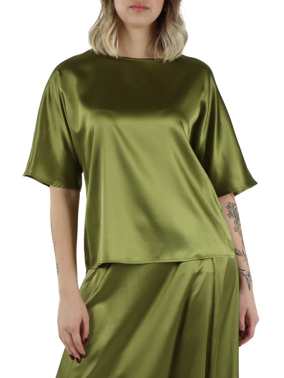 VERDE | Blusa a scatoletta in raso di seta stretch
