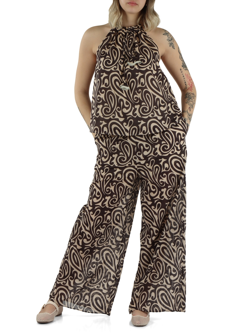 BEIGE | Hose aus bedrucktem Baumwoll-Voile