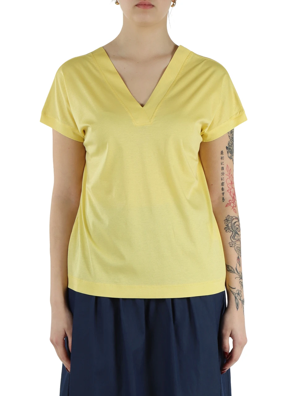 GELB | Baumwoll-T-Shirt mit V-Ausschnitt
