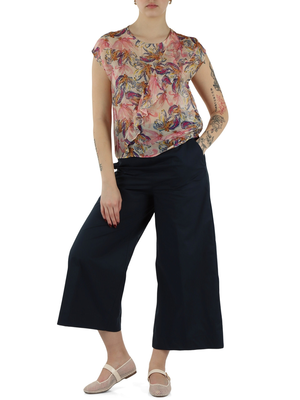 ROSA | Blusa stampata in seta e viscosa con rouches