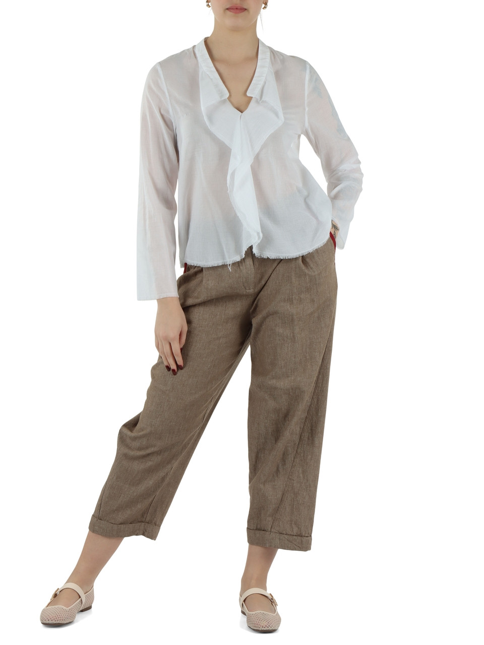 BIANCO | Blusa in cotone leggero con rouches
