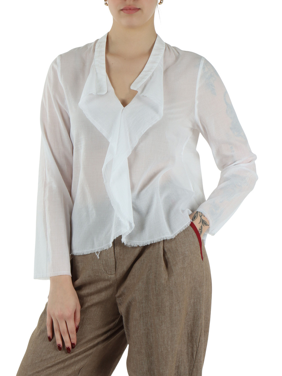 BIANCO | Blusa in cotone leggero con rouches
