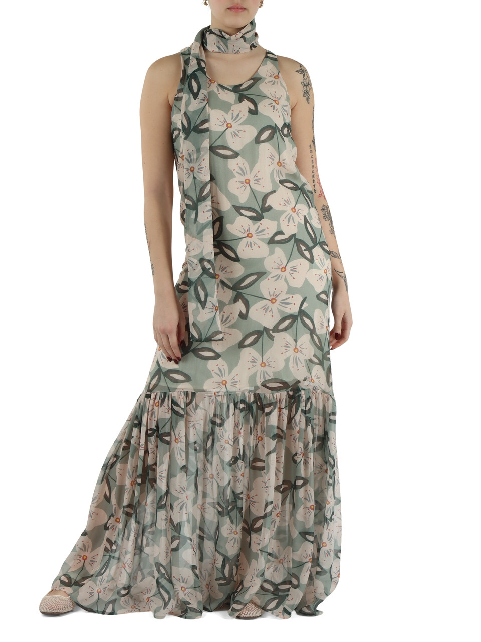 VERDE ACQUA | Abito lungo in misto seta con stampa floreale