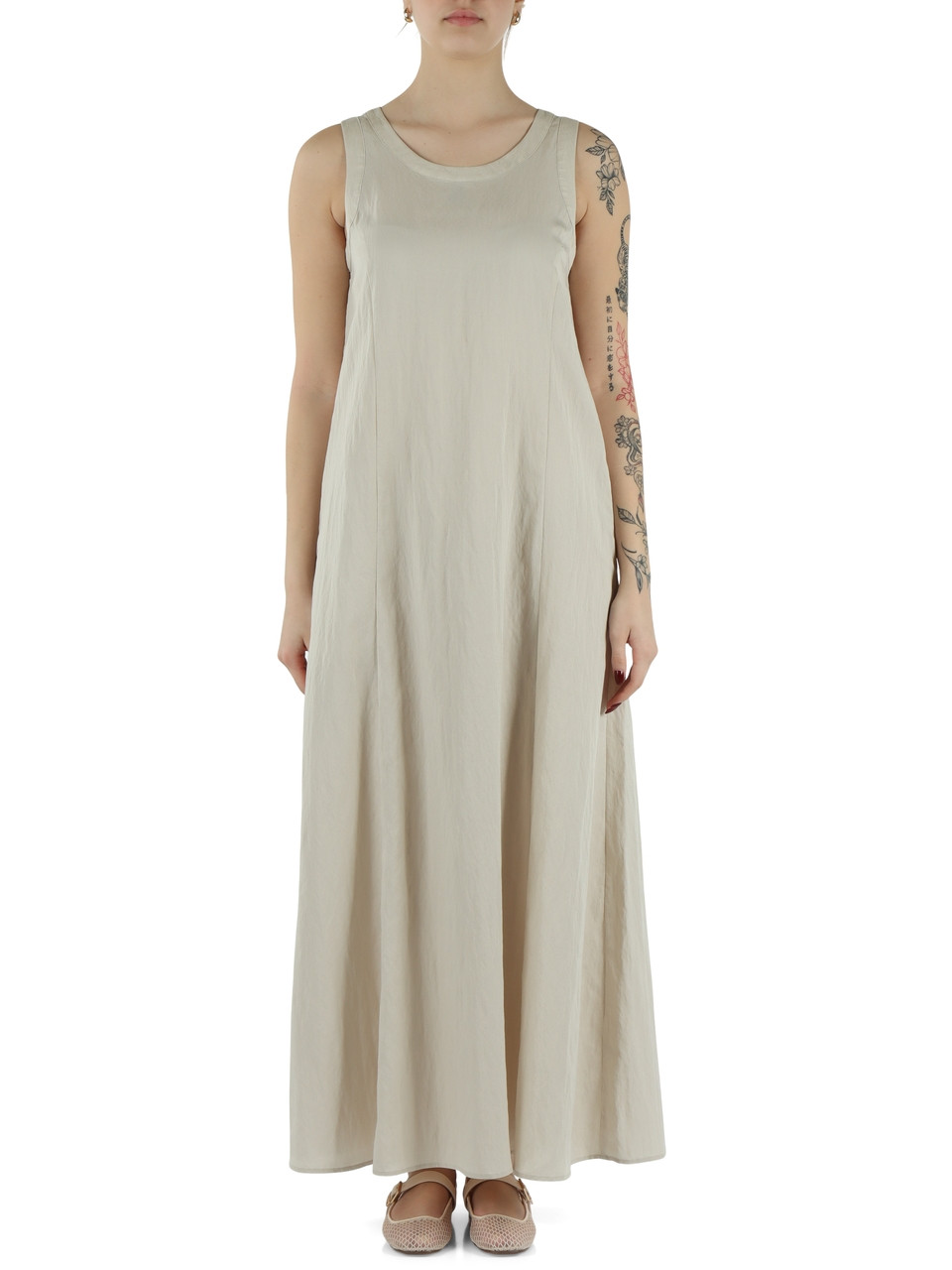 BEIGE | Abito lungo svasato in misto lyocell fluido