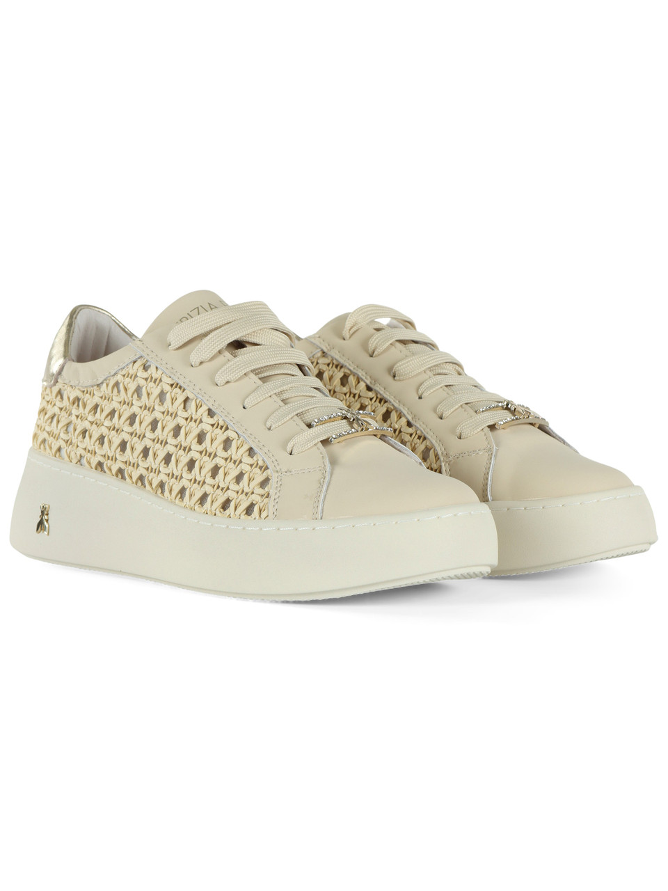 BEIGE | GIRL: Sneakers in pelle e tessuto effetto rafia