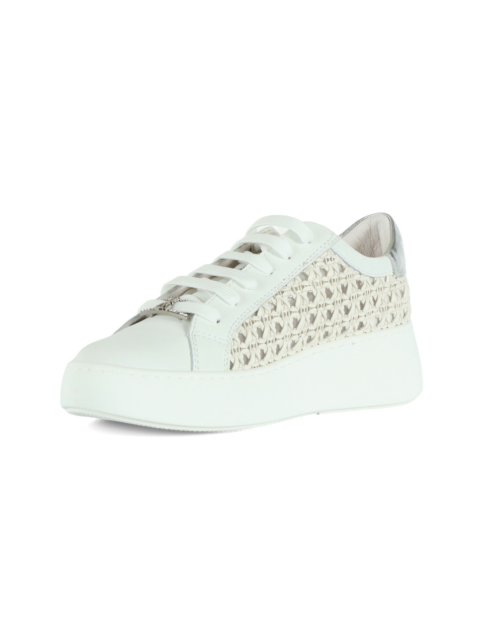 BIANCO | GIRL: Sneakers in pelle e tessuto effetto rafia