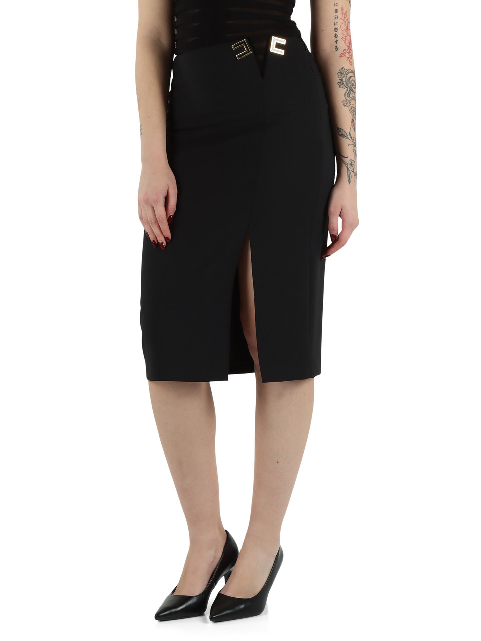 NERO | Gonna in doppio crepe con placca logo