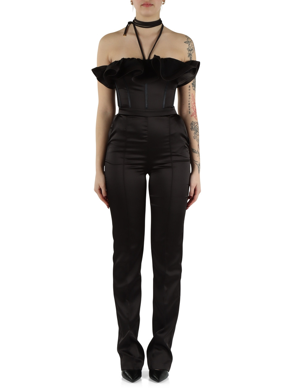 NERO | Tuta in satin stretch con maxi rouches
