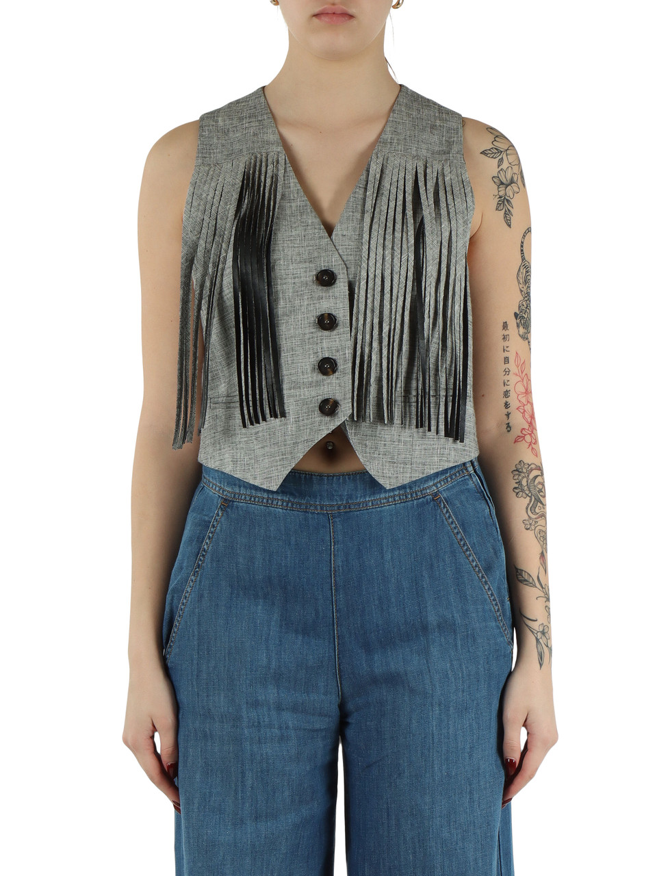 GRAU | BORETTO Weste mit Fransen aus Baumwolle und Leinen