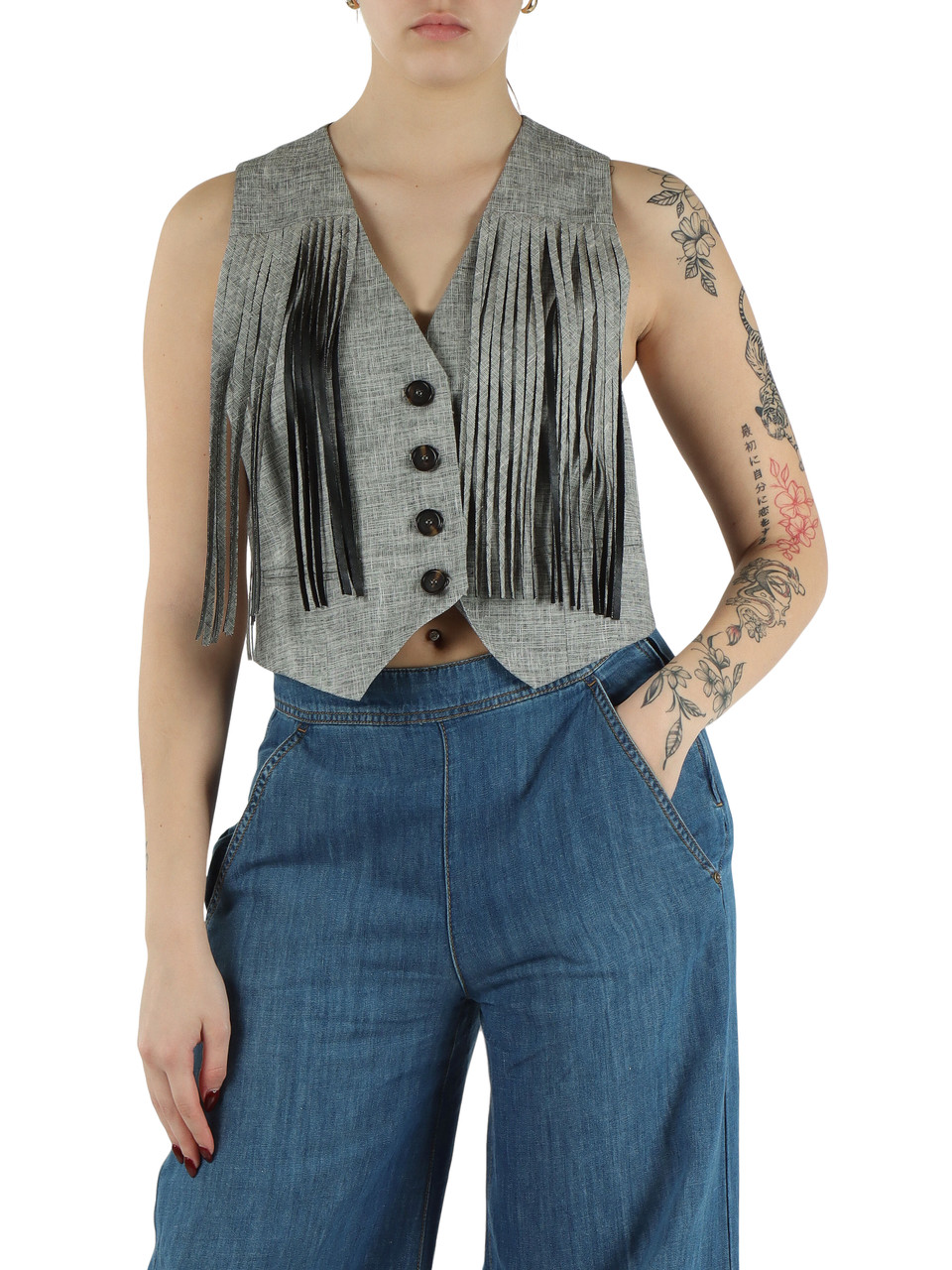 GRAU | BORETTO Weste mit Fransen aus Baumwolle und Leinen