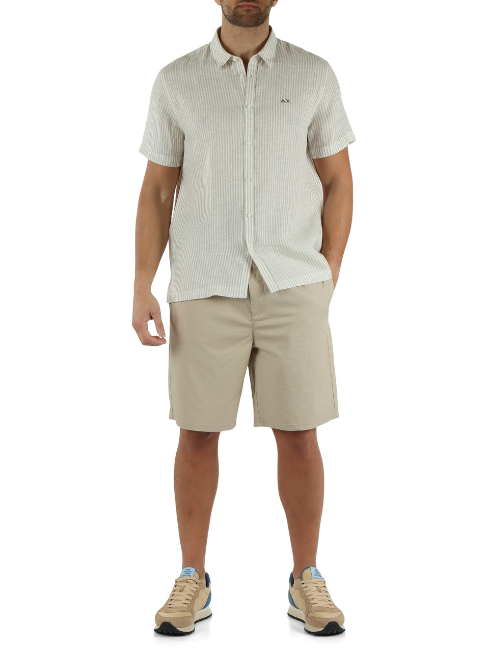 BEIGE | Camicia a righe a maniche corte in lino