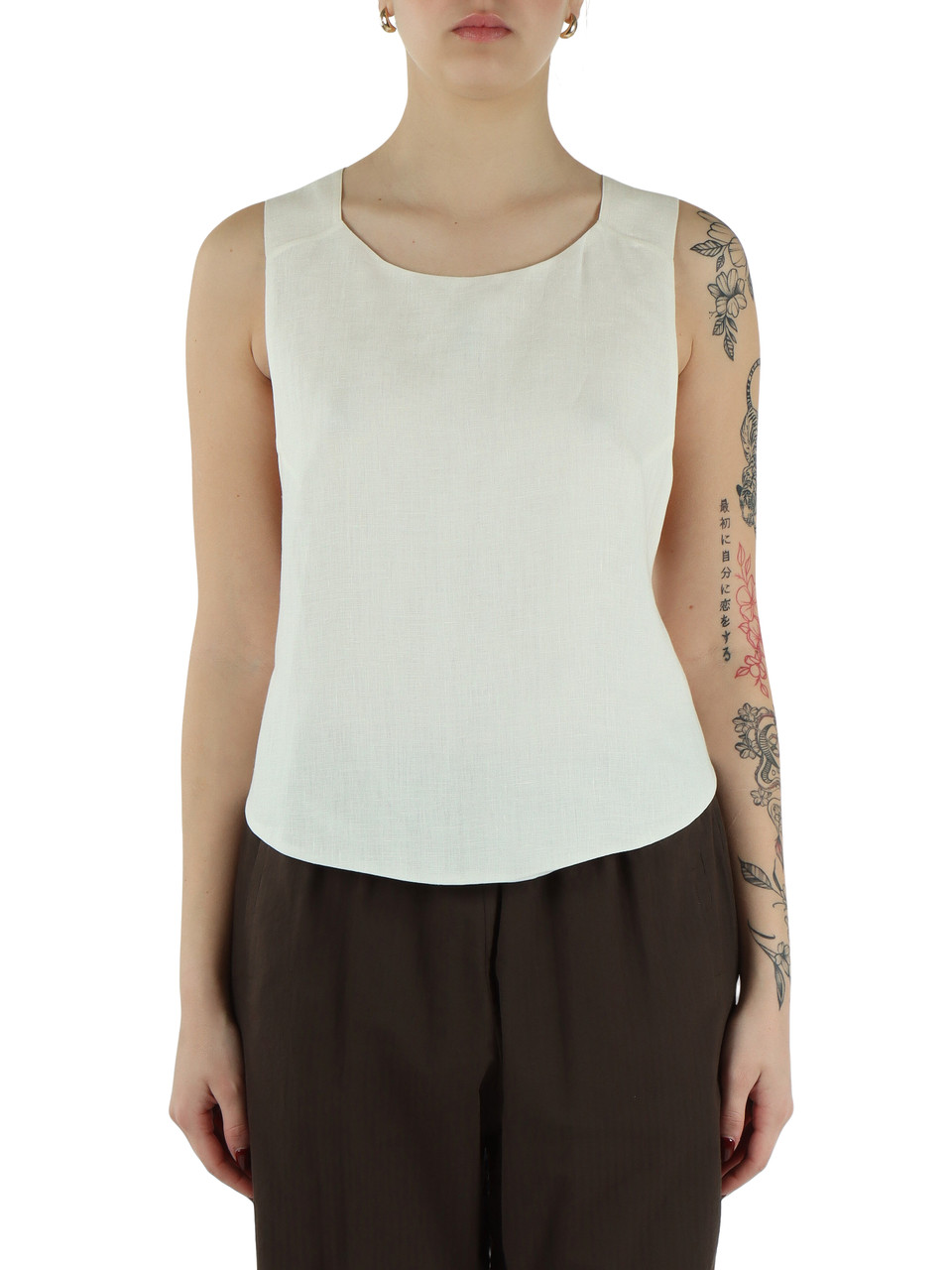 OFF WHITE | Top in lino con spalline intrecciate sul retro