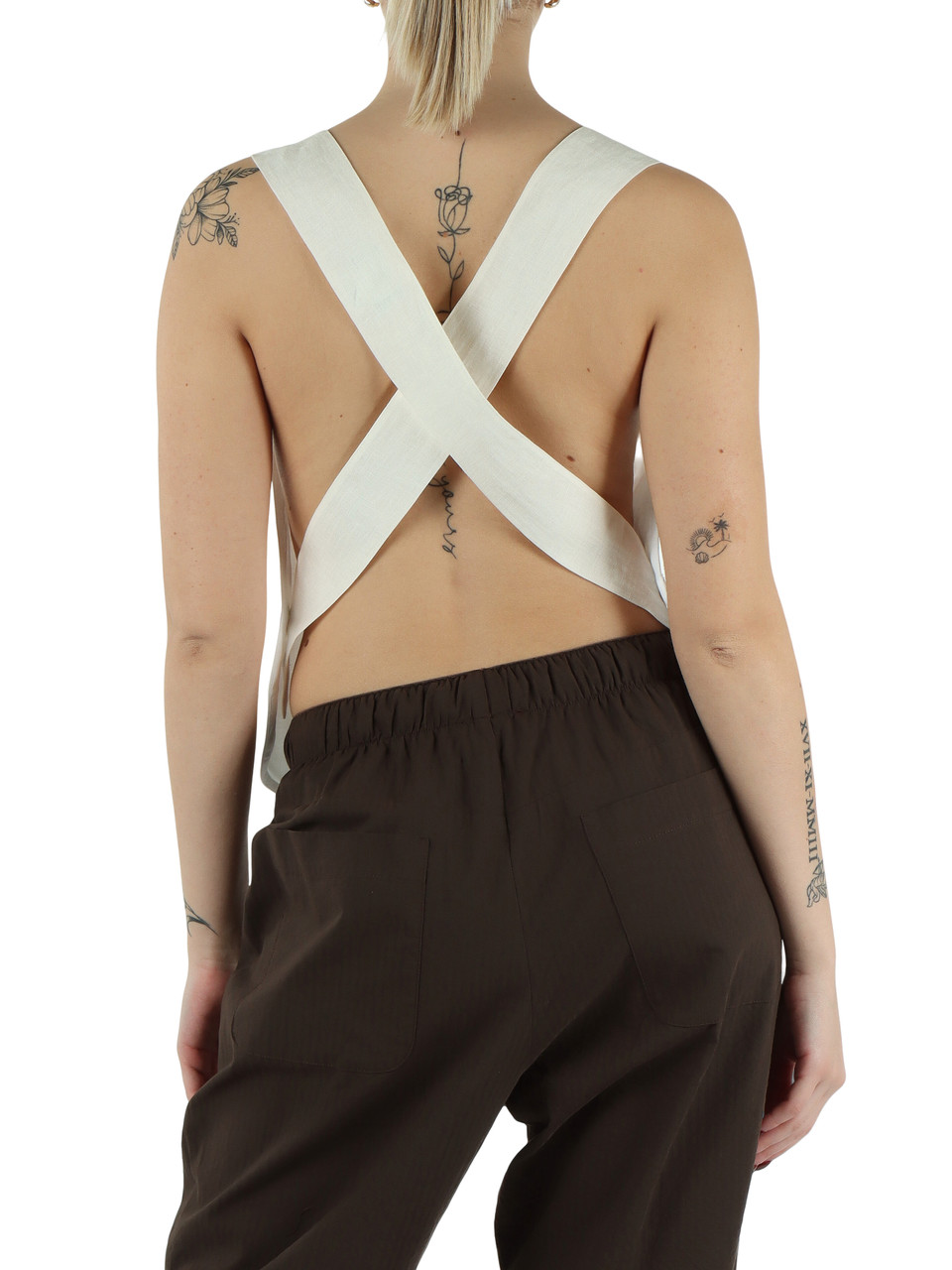 OFF WHITE | Top in lino con spalline intrecciate sul retro