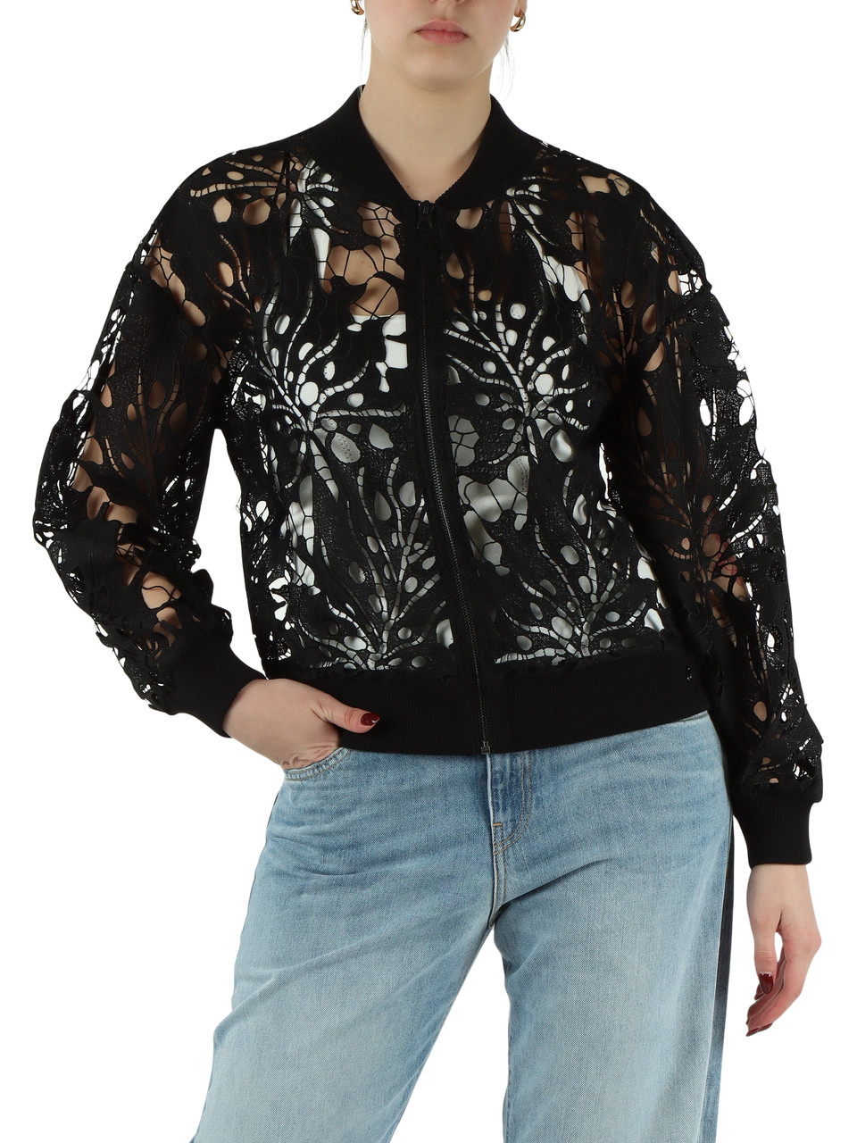 NERO | Maglia full zip modello bomber in pizzo