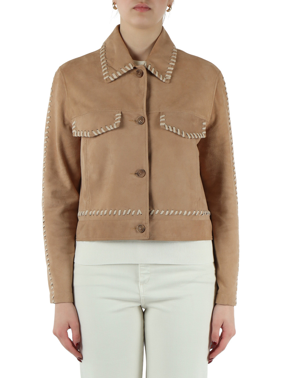 BEIGE | Giacca in suede con dettagli a contrasto