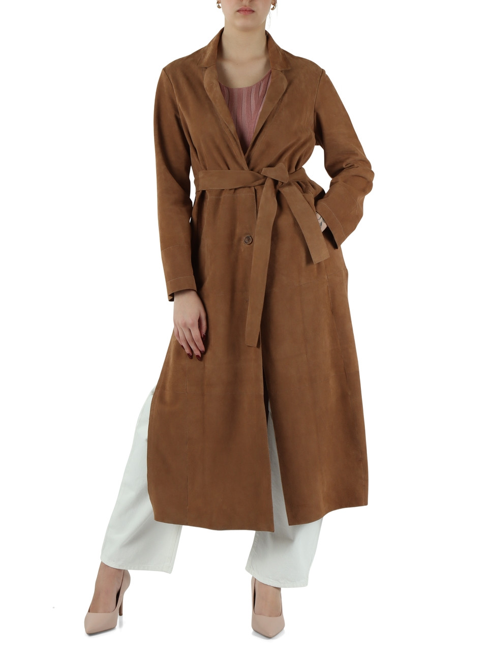 CAMMELLO | Giacca lunga in suede con cintura