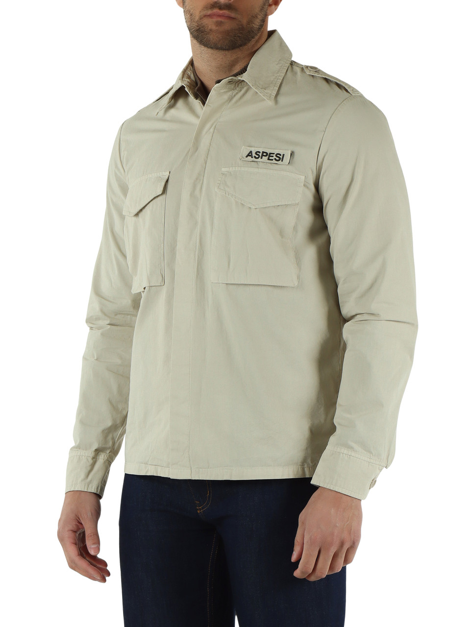BEIGE | Camicia militare in cotone con patch logo rimovibile