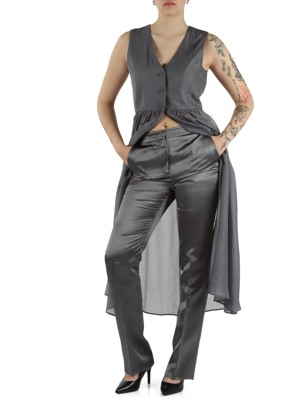 GRIGIO | Gilet lungo in organza lavata CALCA