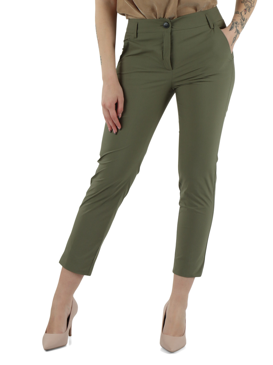 VERDE MILITARE | Pantalone in popeline di misto cotone