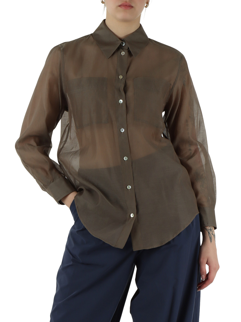 MARRONE | MONOCHROME: Camicia in mussola di cotone e seta CENNARE1