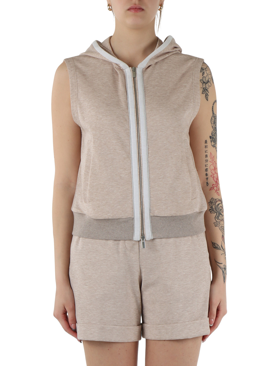 BEIGE | Felpa smanicata con cappuccio in cotone tecnico