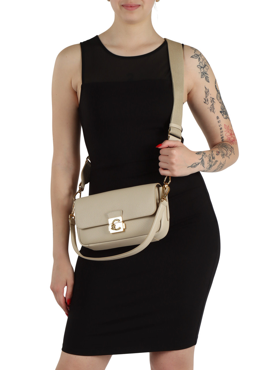 BEIGE | Schultertasche aus genarbtem Leder C-ME LOCK Medium