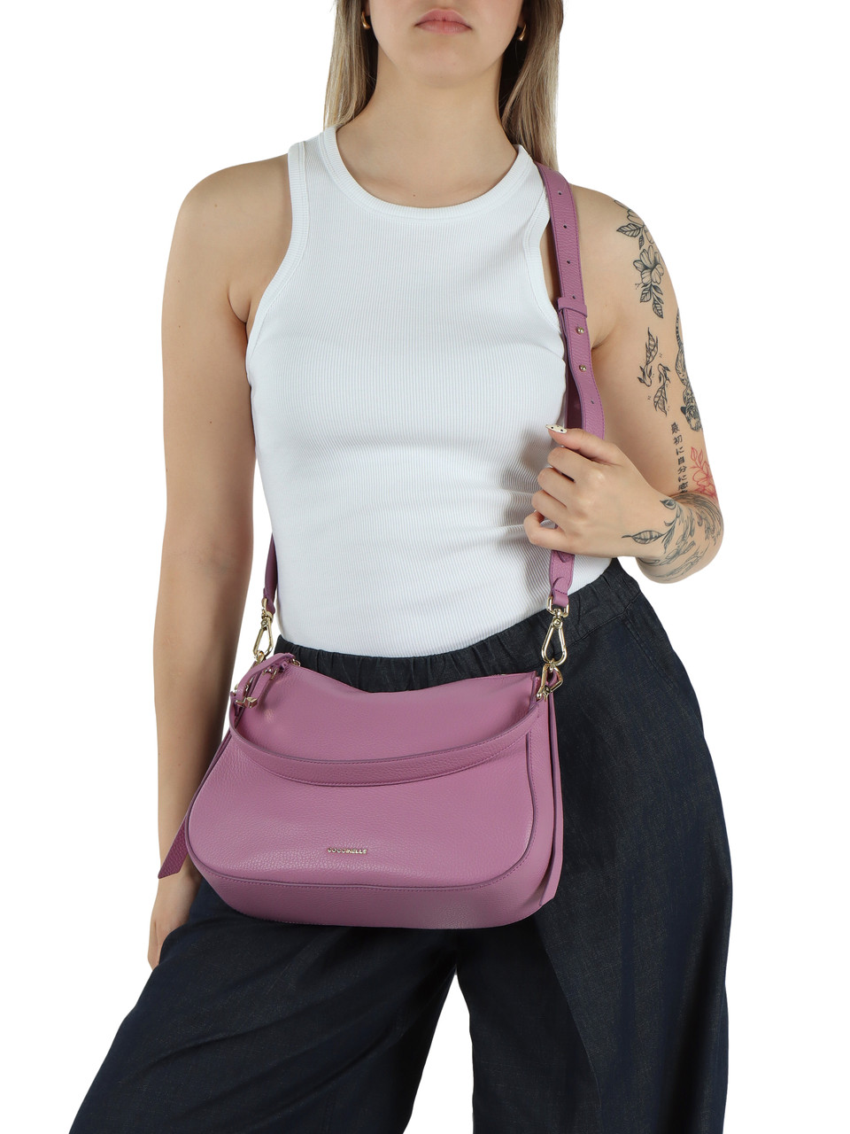 VIOLA CHIARO | Borsa a spalla in pelle martellata NORY Small