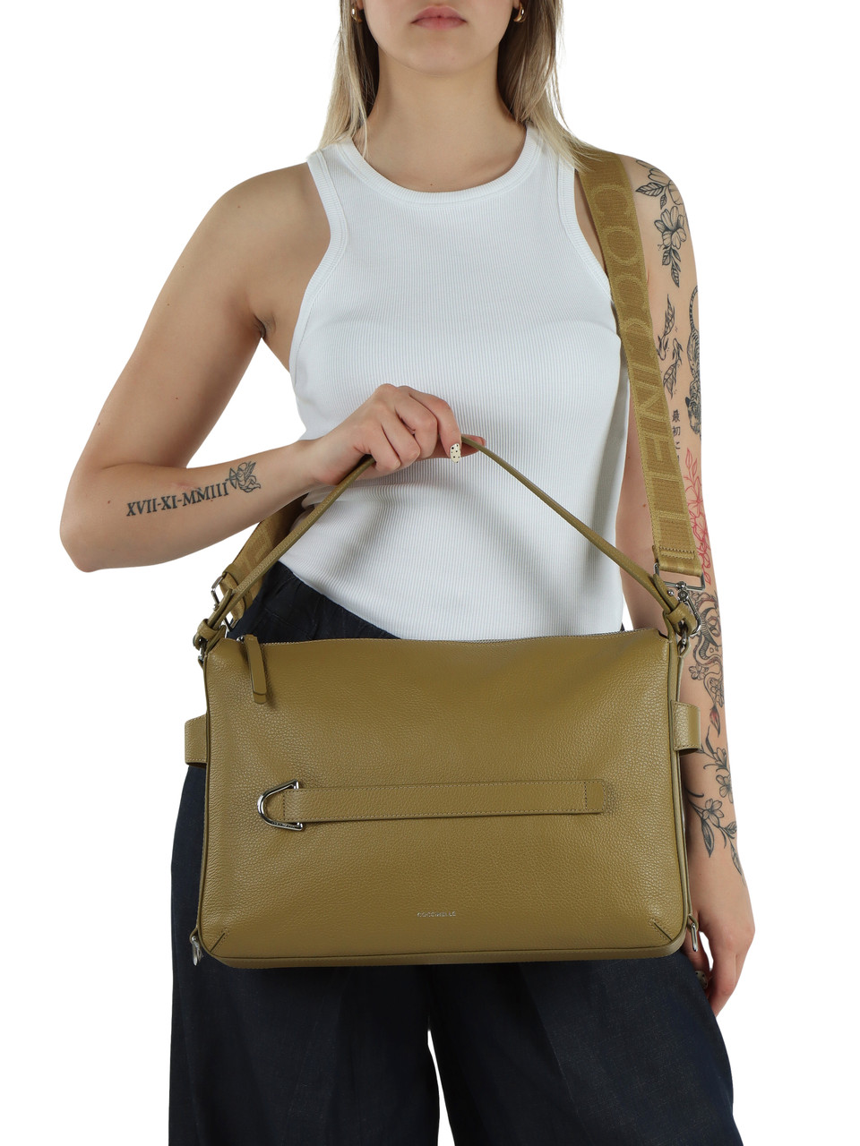 KAKI | Borsa a spalla in pelle martellata GRETEL RIBBON Large