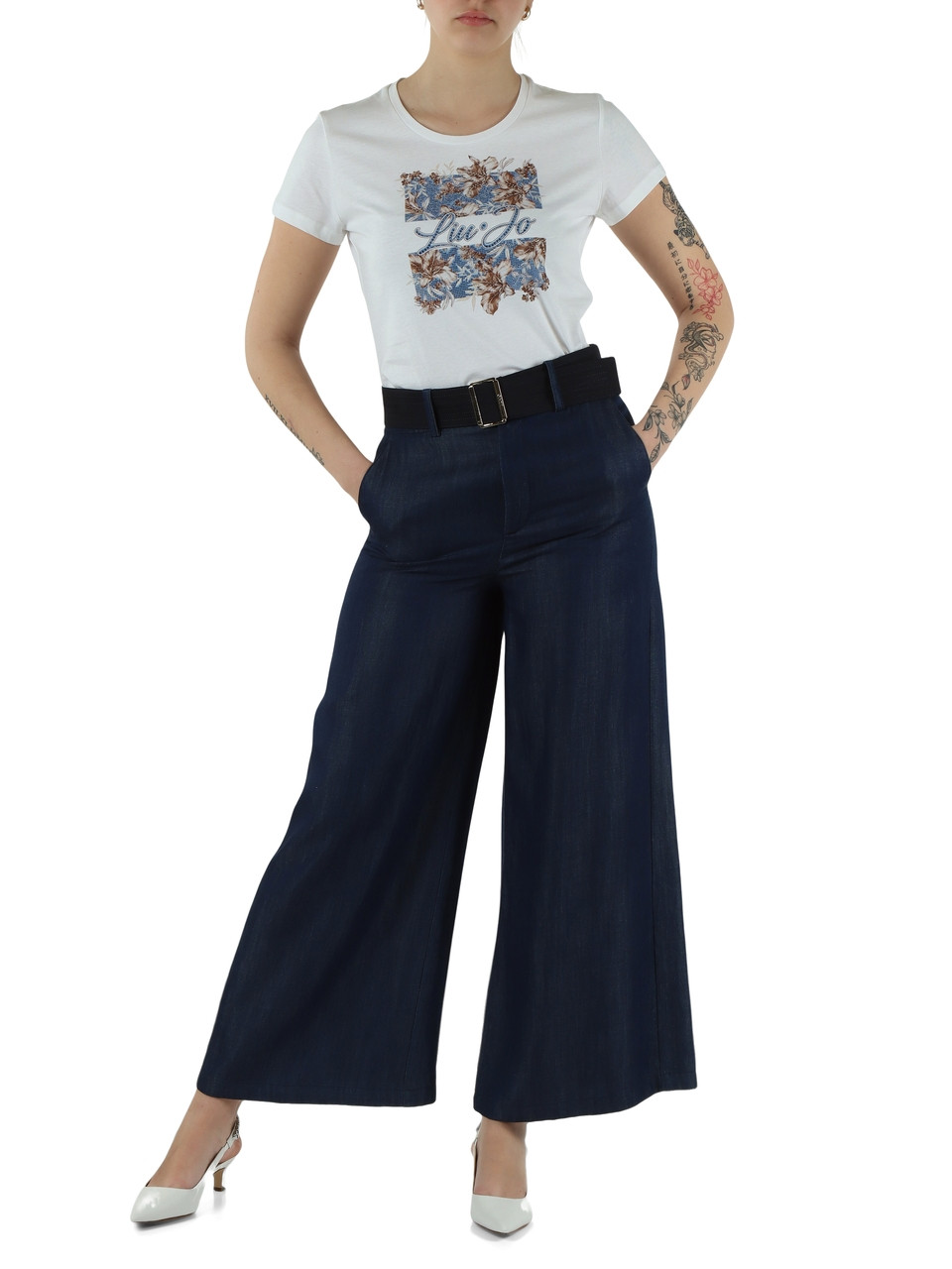 WEISS/HELLBLAU | BETTER: Baumwoll-T-Shirt mit Strasssteinen