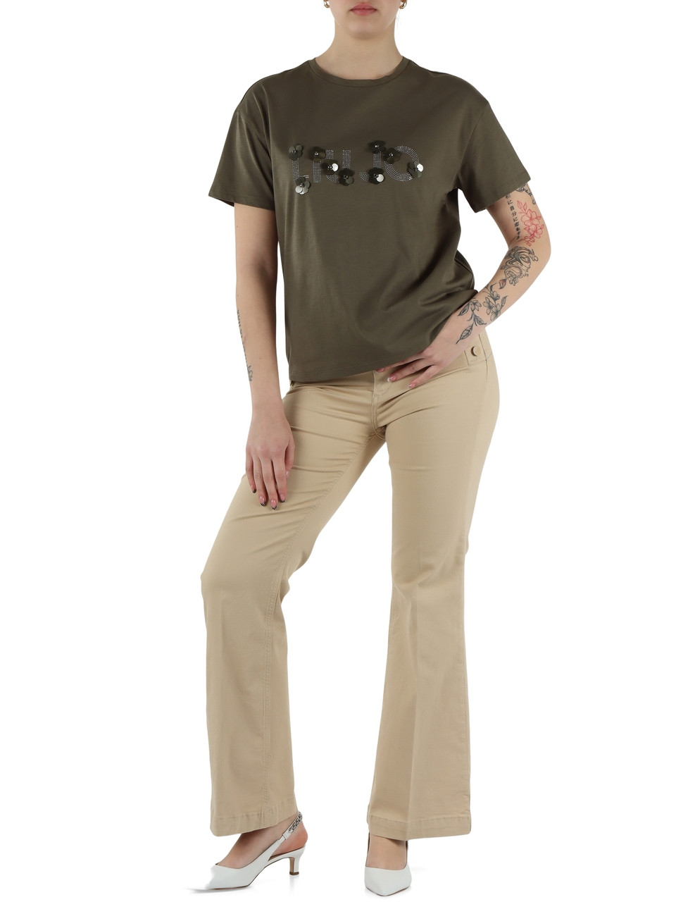 Militärgrün | Baumwoll-T-Shirt mit Strass-Logo