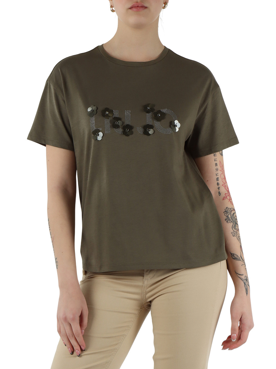 Militärgrün | Baumwoll-T-Shirt mit Strass-Logo