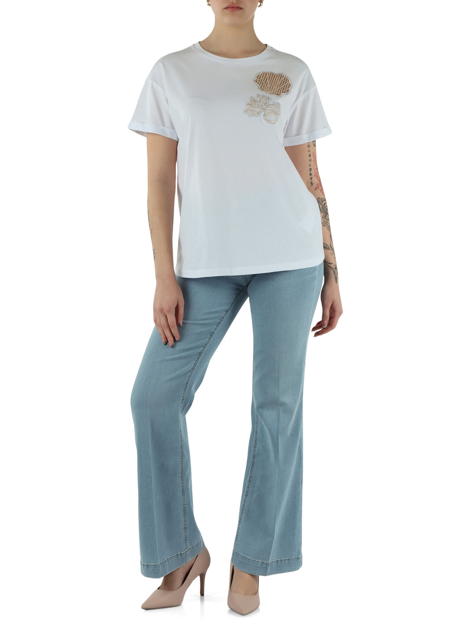 weiß/beige | BETTER: Baumwoll-T-Shirt mit Stickereien und Strasssteinen