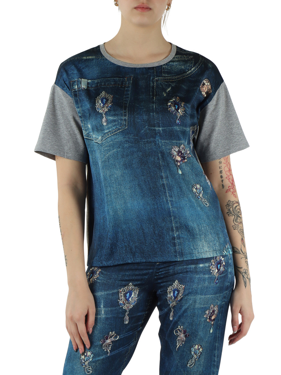 GRIGIO | T-shirt in cotone con pannello frontale a contrasto