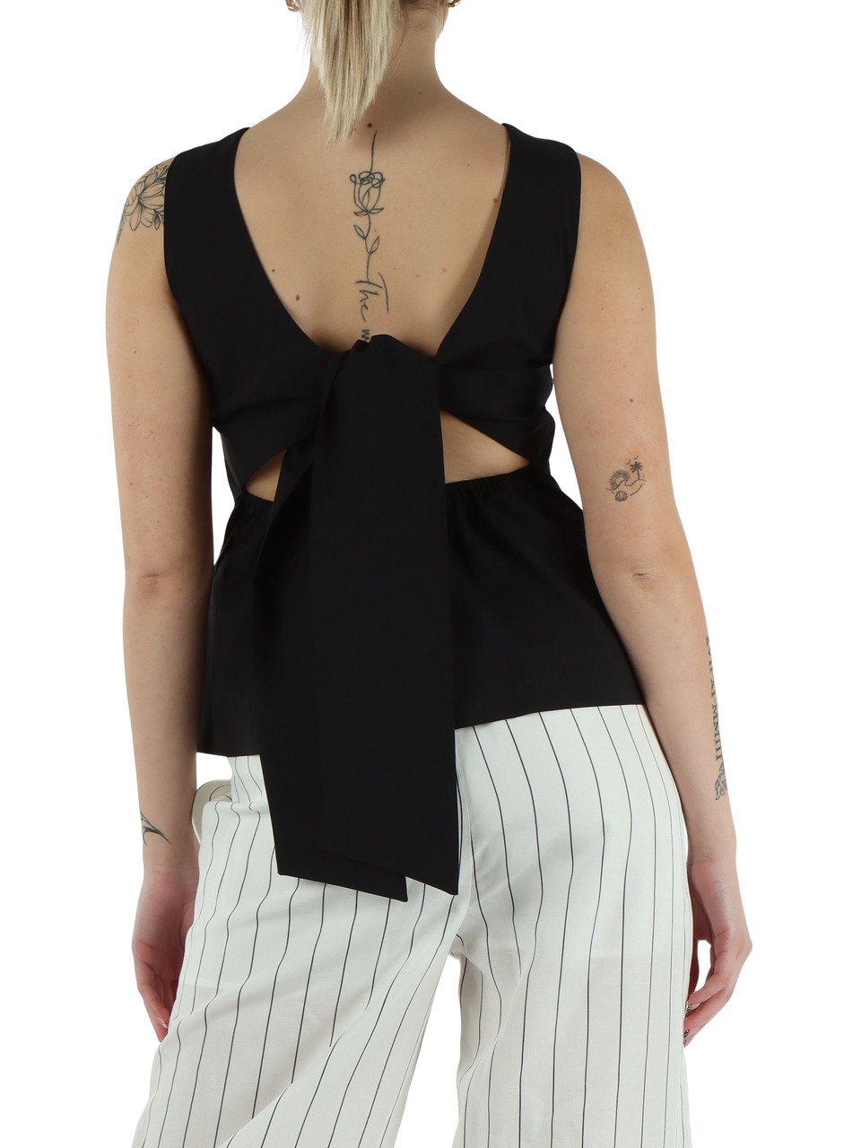 NERO | Top in misto viscosa e popeline con fiocco posteriore