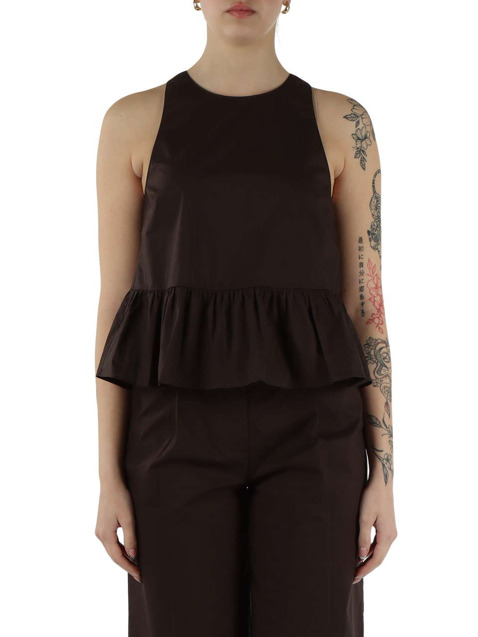 MARRONE | Top in popeline di cotone con fiocco posteriore