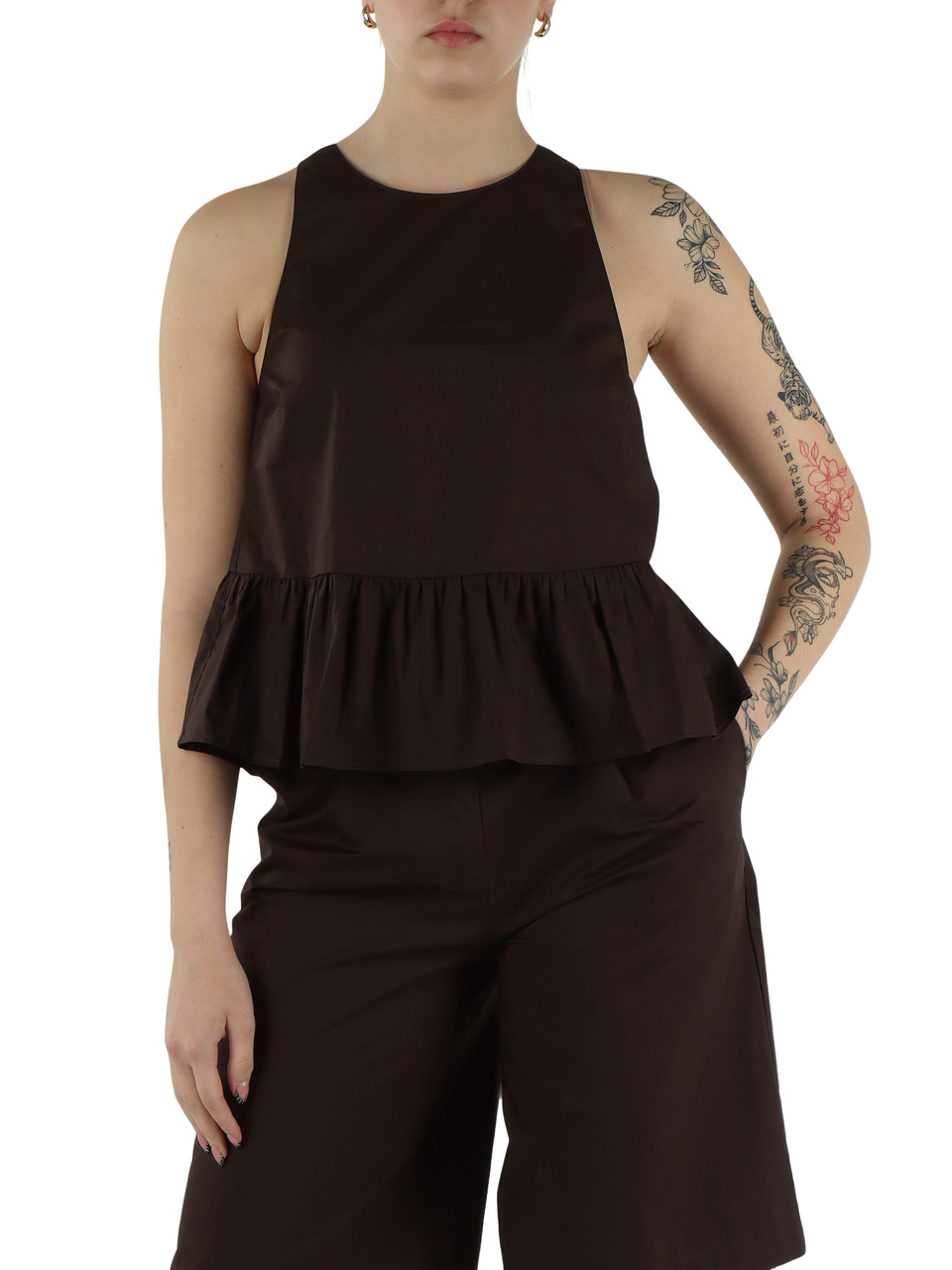 MARRONE | Top in popeline di cotone con fiocco posteriore