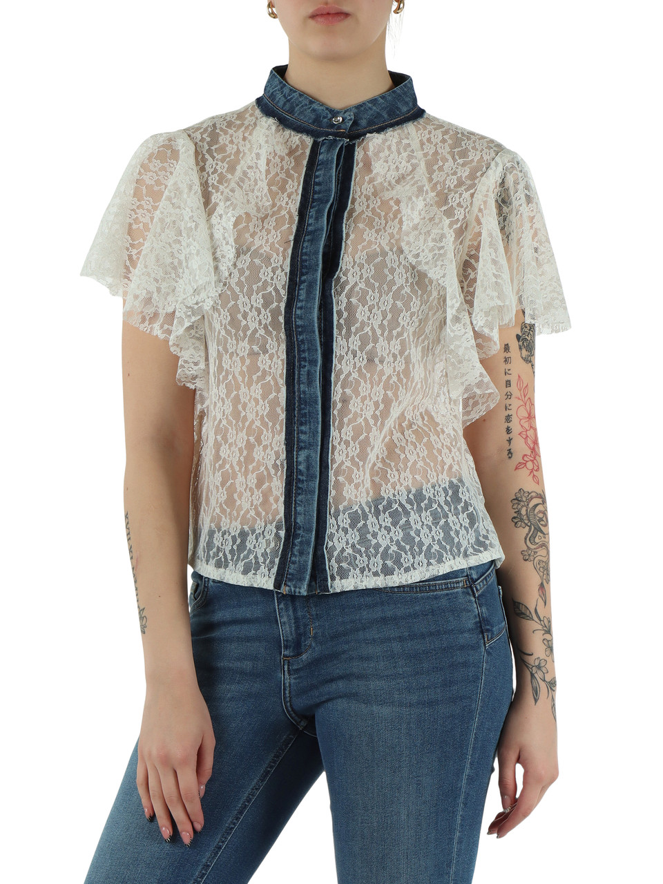 BIANCO | Camicia in pizzo con inserti in denim