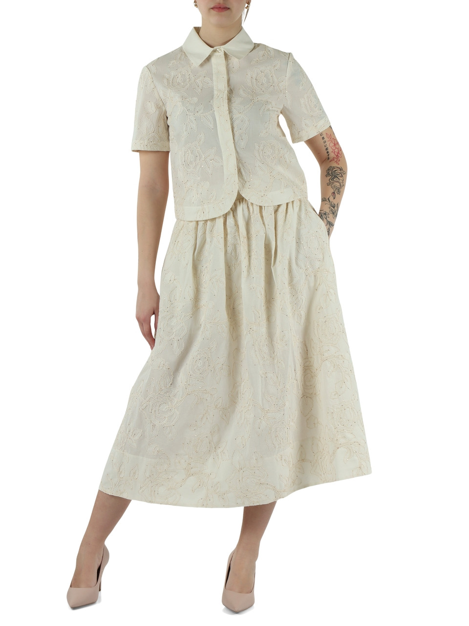 PANNA | Gonna midi in cotone con ricami e micro paillettes