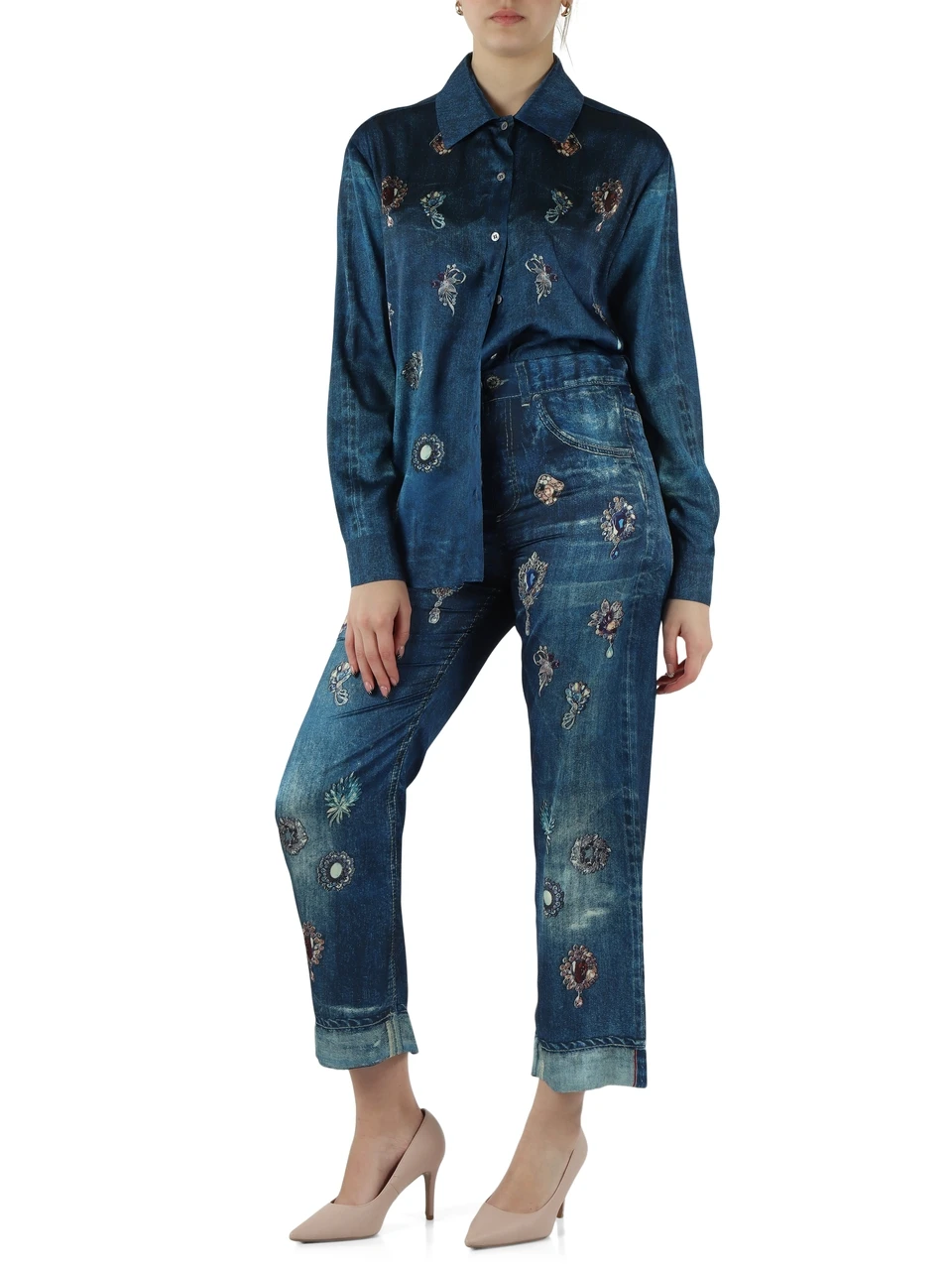 BLU | Camicia in raso fluido con stampa denim