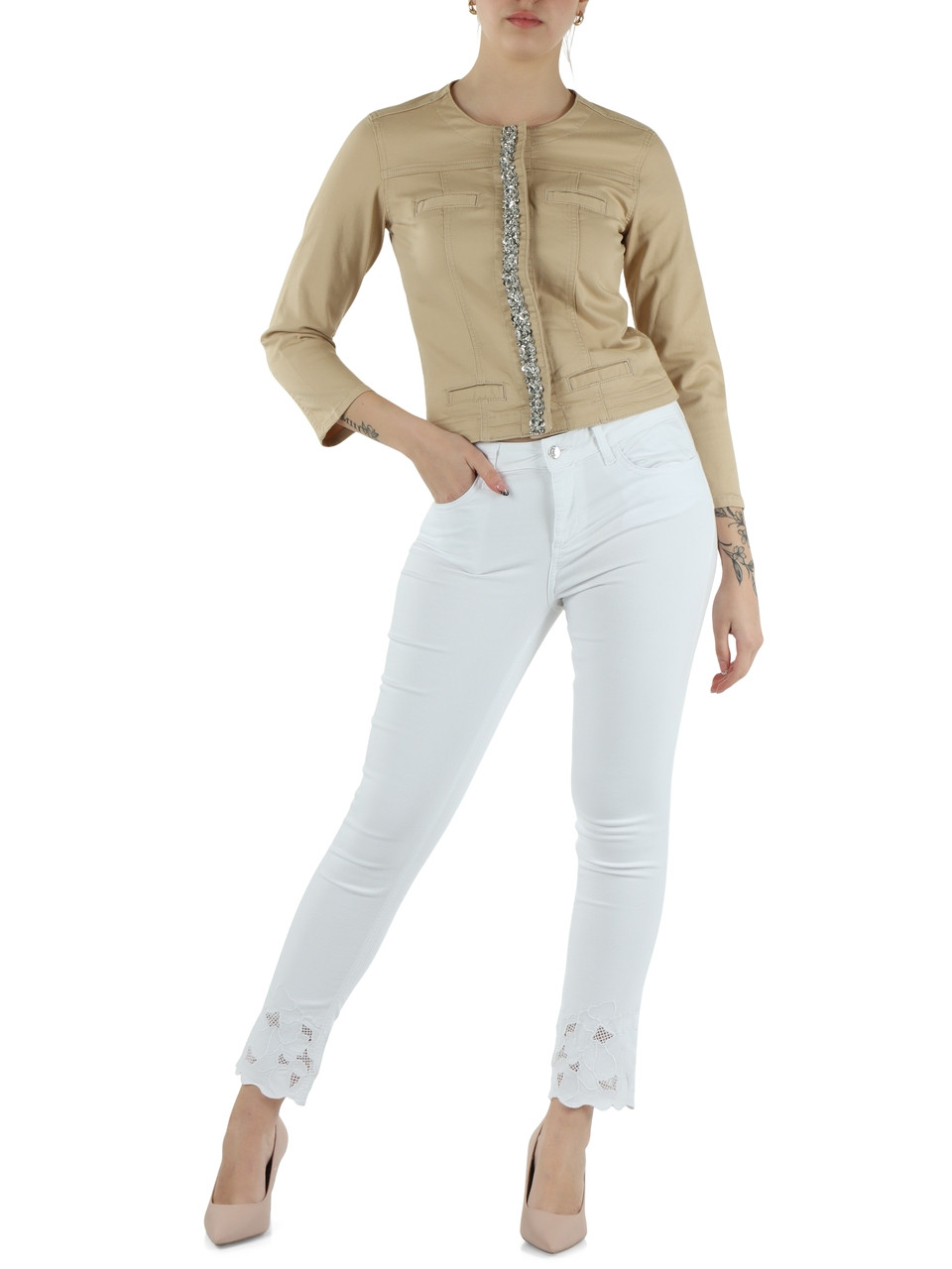 BEIGE | Giacca in gabardina di cotone con dettagli decorativi