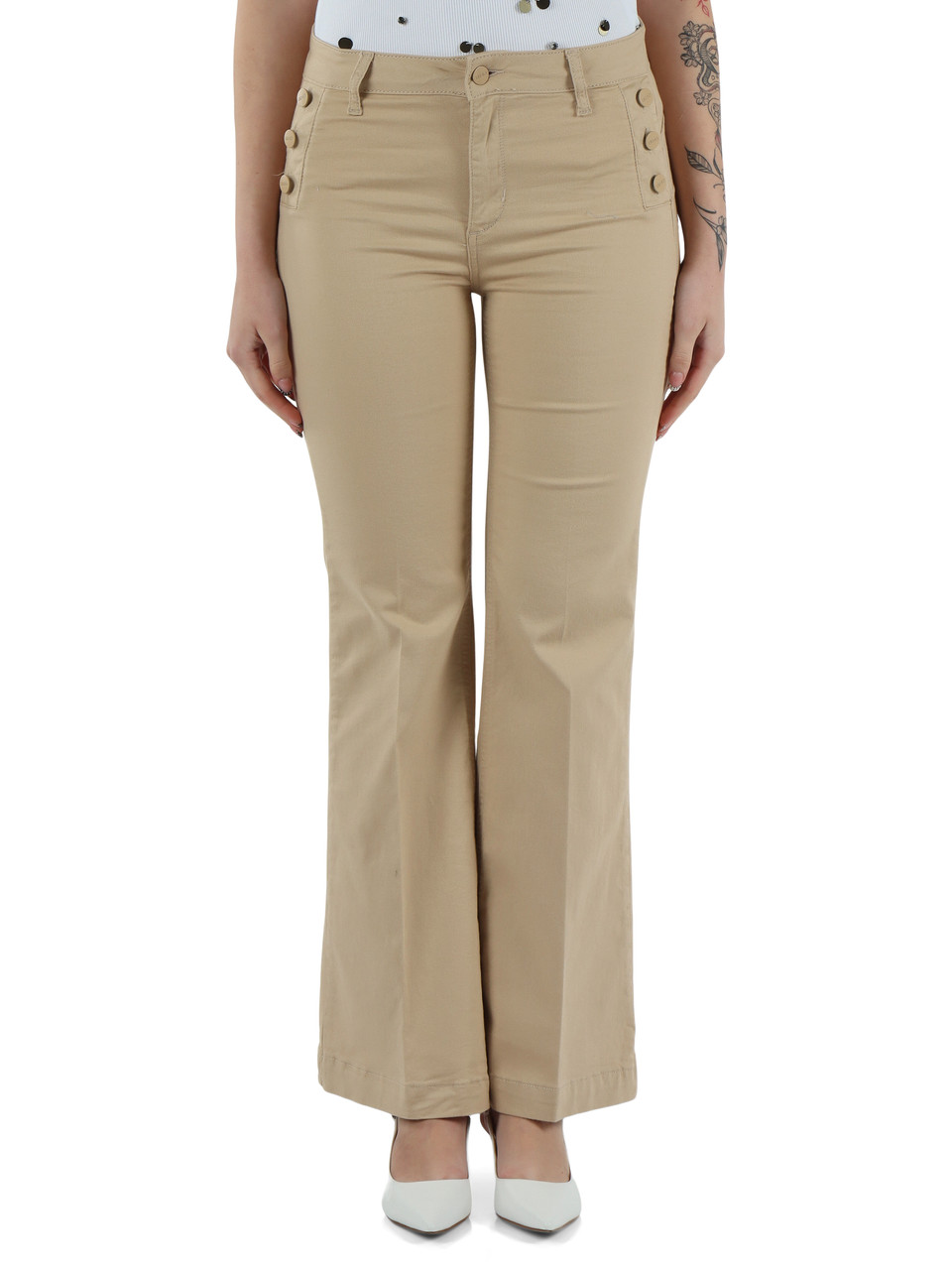BEIGE | Pantalone svasato in gabardina di cotone