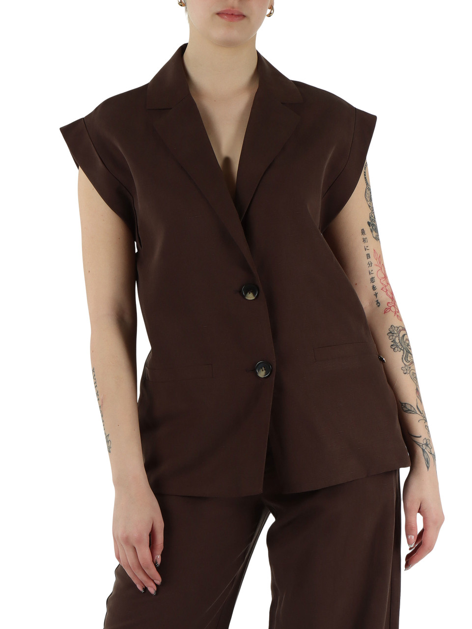 MARRONE | Giacca smanicata in lino e lyocell